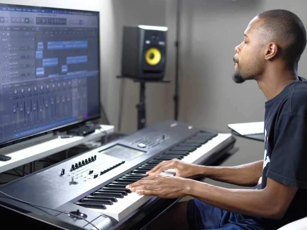 Musician working at a keyboard and recording workstation in California